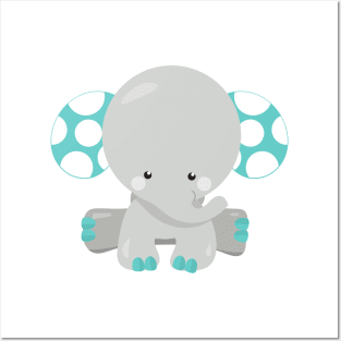 Cute Elephant, Little Elephant - Blue Gray Posters and Art